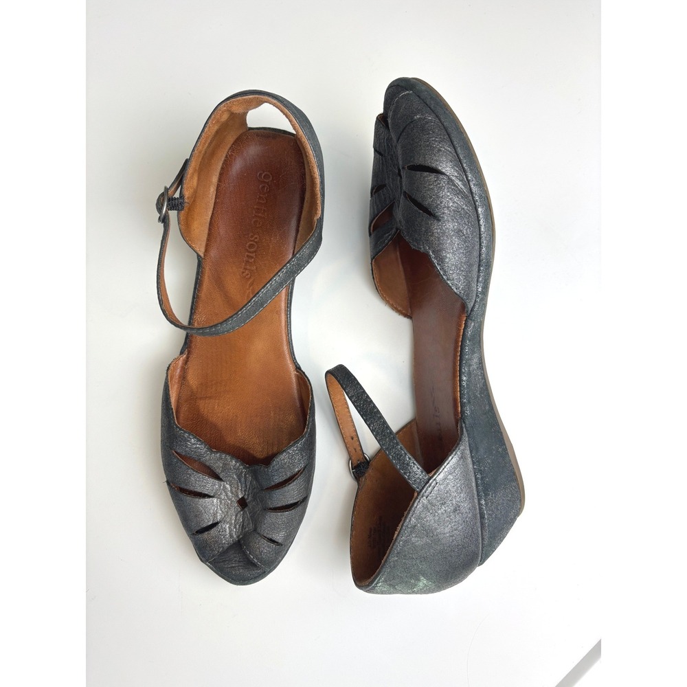 Gentle Souls Lily Moon Wedge Metallic Pewter Women 10M Leather Peep Toe Sandals